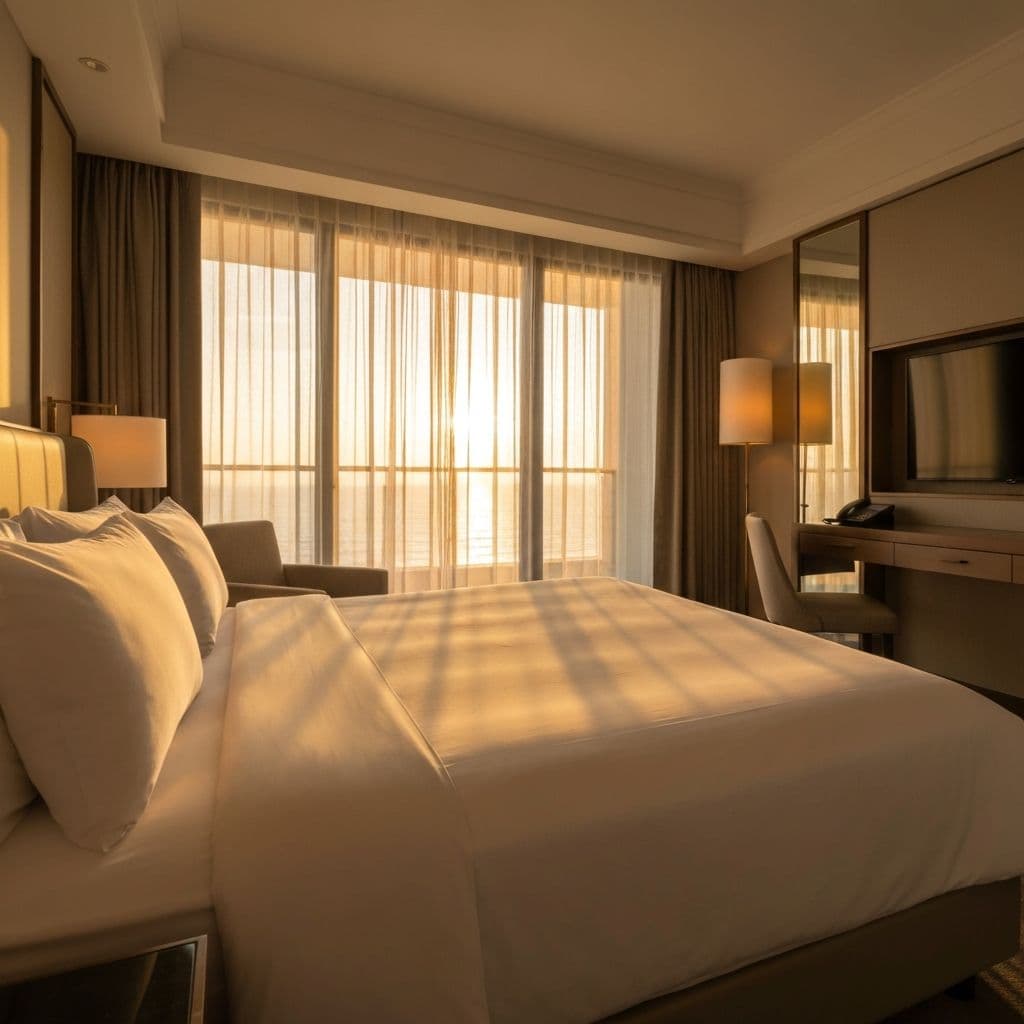 Luxury hotel room at sunrise