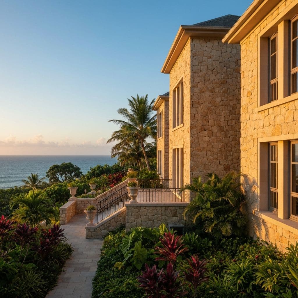 Serene Vista Hotel exterior at golden hour